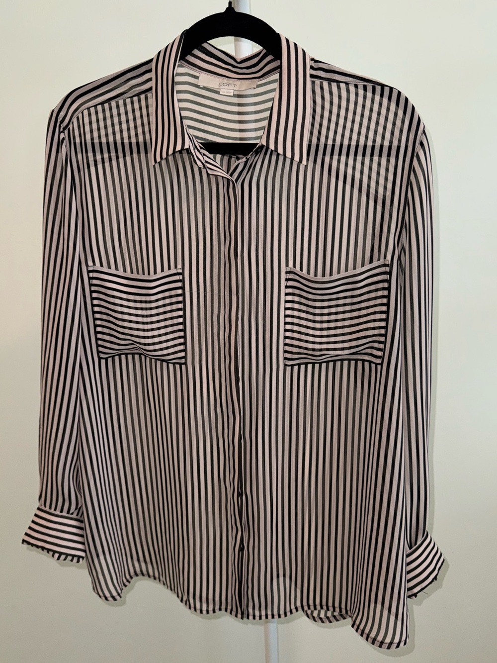 LOFT Black and White Vertical Stripe Button-Up Shirt - Women’s size XL